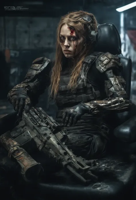 Beautiful hyperrealistic photograph of cute Young Swedish woman with Runic tattoos, ((dirty face Blood splattered)), (((wearing full heavy mecha armor, combat harness, Neon highlights))) Short Red Dreadlocks, (((sitting in chair pose))), interior of Milita...