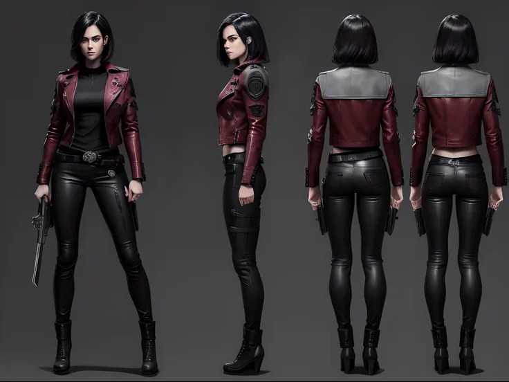 (a beautiful 25 years old british female vampire mercenary with shoulder-level bob black hair), (wearing red leather jacket and ...