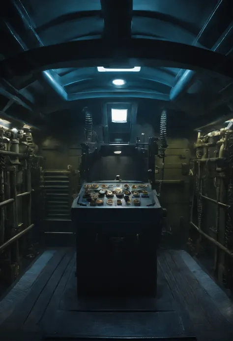 In a submarine, a blue-lit chamber with a periscope pedestal stands prominently. Adjacent to it rests a machine with a square ammunition box and a rail-mounted cannon ammunition rack. The view is from a narrow passage, with no glass panels on the walls. (b...