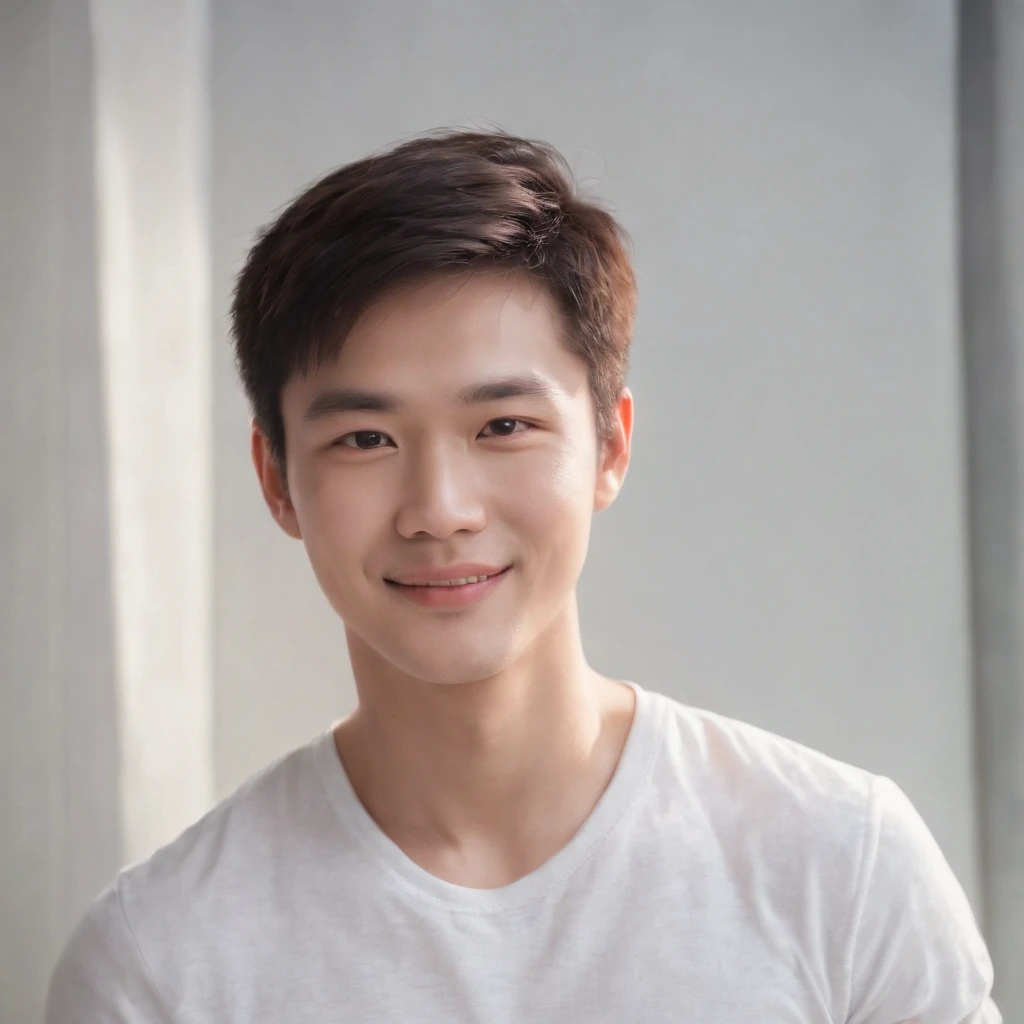 (photo: 1.3) af (realistic: 1.3), East Asian man, soft light, clear face, ((white T-shirt)), cheerful, warm light, ((gray-white gradient background)), smile, (background)). ((gray wall background)) avatar, (short hair), handsome, young,, short hair, ((macr...