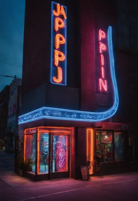 * **Scene:** A city street at night * **Subject:** A building with a neon sign that says "japin.net" * **Details:** * The building is tall and modern, with a sleek design. * The neon sign is bright and colorful, with a flowing script. * The sign is lit up,...