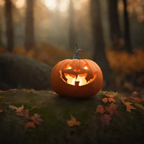 An ant lying on a Halloween pumpkin，in a panoramic view，（tmasterpiece，best qualityer：1.2），very delicate beautiful，the best lights，The best shadow，depicted as a 3 d render, stylized as a 3d render, stylized 3d render，Beautiful scenery, Autumn, Red maples fl...