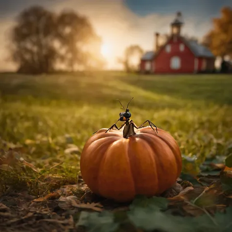 An ant lying on a Halloween pumpkin，in a panoramic view，（tmasterpiece，best qualityer：1.2），very delicate beautiful，the best lights，The best shadow，depicted as a 3 d render, stylized as a 3d render, stylized 3d render，Beautiful scenery, Autumn, Red maples fl...