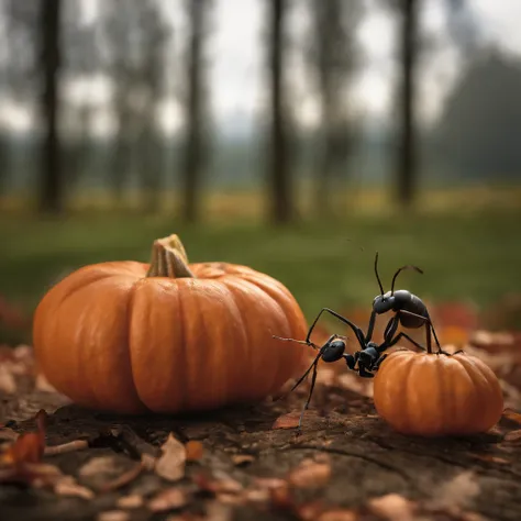 An ant lying on a Halloween pumpkin，in a panoramic view，（tmasterpiece，best qualityer：1.2），very delicate beautiful，the best lights，The best shadow，depicted as a 3 d render, stylized as a 3d render, stylized 3d render，Beautiful scenery, Autumn, Red maples fl...