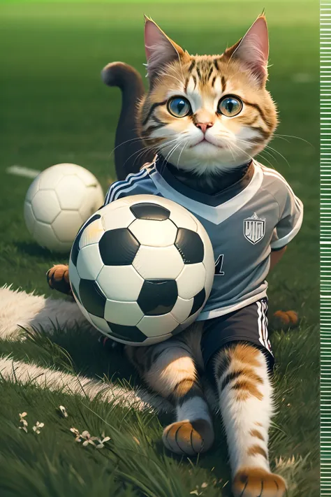 A cute cat with round eyes acts as a goalkeeper, Wear a football jersey, Play soccer on the grass field,