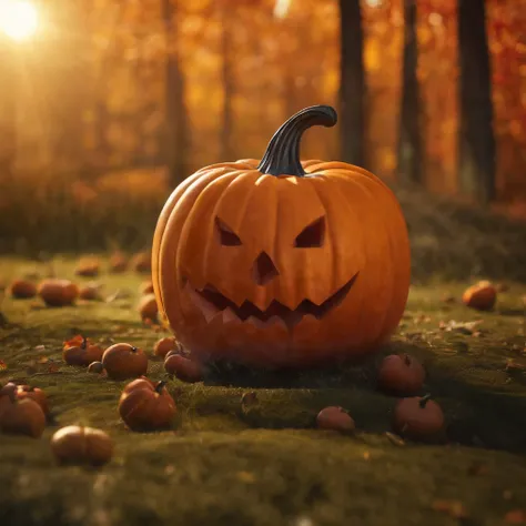 An ant lying on a Halloween pumpkin，in a panoramic view，（tmasterpiece，best qualityer：1.2），very delicate beautiful，the best lights，The best shadow，depicted as a 3 d render, stylized as a 3d render, stylized 3d render，Beautiful scenery, Autumn, Red maples fl...