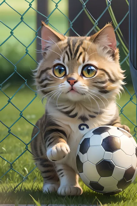 A cute cat with round eyes acts as a goalkeeper, Wear a football jersey, Play soccer on the grass field,