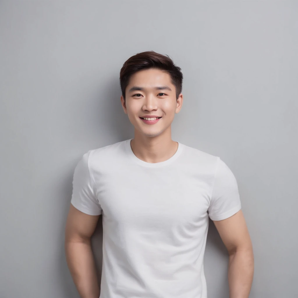 (photo: 1.3) af (realistic: 1.3), East Asian man, soft light, clear face, ((white T-shirt)), cheerful, warm light, ((gray-white gradient background)), smile, (background)). ((gray wall background)) avatar, (short hair), handsome, young,, short hair, ((clos...