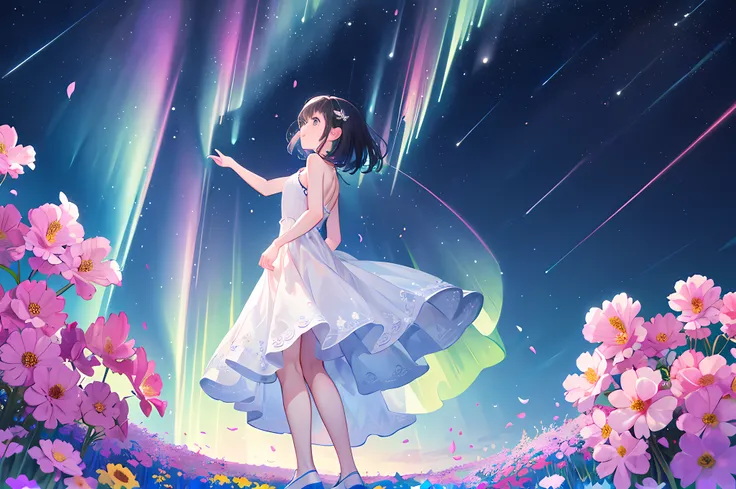 1girl, Masterpiece, best quality, ultra highres, extremely detailed CG, 8k wallpaper, full body, (god view:1.4), illustration, (back view), from behind, (look up at sky, from below, dynamic angle:1.2), brilliant aurora, galaxy, night sky, shooting star, sk...