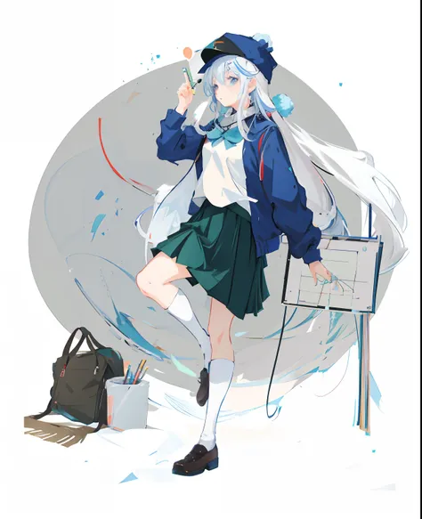 Anime girl in blue hat and skirt drawing drawing,  anime moe art style, 2d anime, very modern anime style, in an anime style, anime art style, Female painter, lollipop, modern anime style, magic school uniform, white color hair，dual horsetail，Cyan pattern