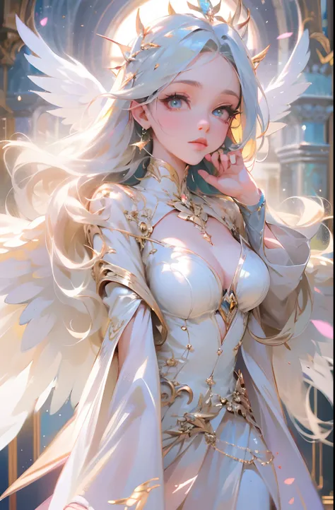 (Masterpiece: 1.4), (Best Quality: 1.4), (Very Cute Angel Girl, Super Detailed Face, Jewel-like Eyes, White Very Long Hair, Colorful Gradient Hair: 1.4), (Angel Ring:
1.4), (Angel Wings: 1.4), (Full body, perfect 2 arms, perfect 2 legs: 1.4), Perfect 4 fin...