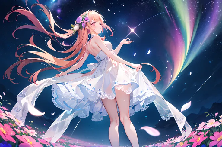 1girl, Masterpiece, best quality, ultra highres, extremely detailed CG, 8k wallpaper, full body, (god view:1.4), illustration, (back view), from behind, (look up at sky, from below, dynamic angle:1.2), aurora, galaxy, night sky, shooting star, sky, space, ...