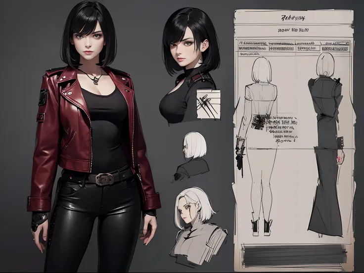 (a beautiful 25 years old british female vampire mercenary with shoulder-level bob black hair), (wearing red leather jacket and ...