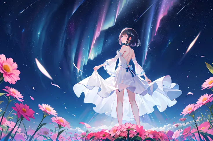 1girl, Masterpiece, best quality, ultra highres, extremely detailed CG, 8k wallpaper, full body, (god view:1.4), illustration, (back view), from behind, (look up at sky, from below, dynamic angle:1.2), aurora, galaxy, night sky, shooting star, sky, space, ...