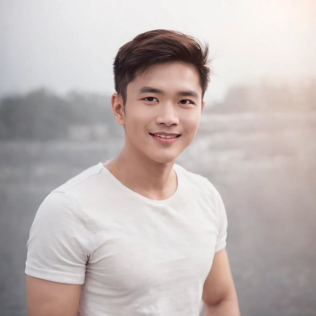 (Photo: 1.3) af (realistic: 1.3), East Asian man, soft light, clear face, front, ((white T-shirt)), cheerful, warm light, ((gray-white gradient background)), smile, (background)) ,avatar,(short hair),handsome,young,,short hair,((bust))