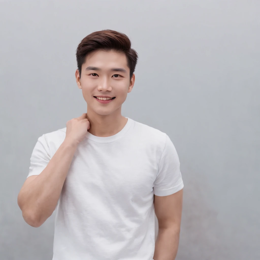 (Photo: 1.3) af (realistic: 1.3), East Asian man, soft light, clear face, front, ((white T-shirt)), cheerful, warm light, ((gray-white gradient background)), smile, (background)) ,avatar,(short hair),handsome,young,,short hair,((bust))