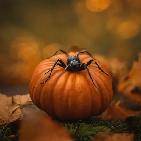 An ant lying on a Halloween pumpkin，in a panoramic view，（tmasterpiece，best qualityer：1.2），very delicate beautiful，the best lights，The best shadow，Render the background, stylized 3d render，Beautiful scenery, Autumn, Red maples fly, Long lens tracking photog...