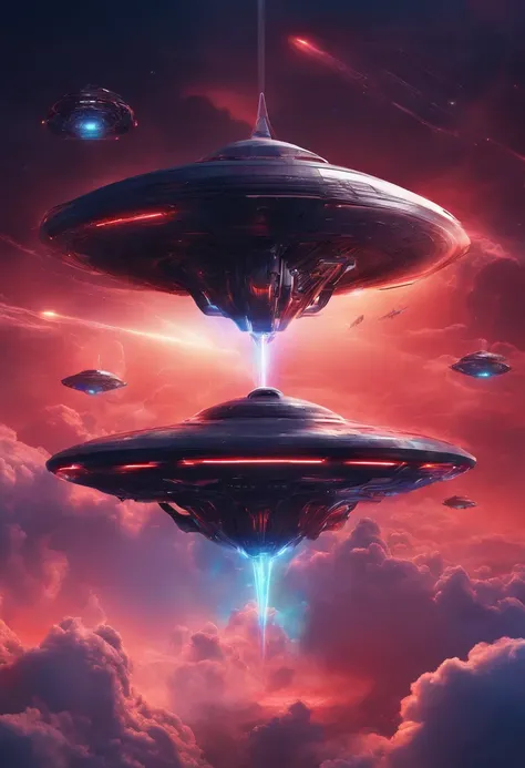 Futuristic alien spaceships flying abovethe clouds, dark sky, red lighting, rain,lightning, hyper realistic, highly detailed,8k, fire, attack, laserbeam