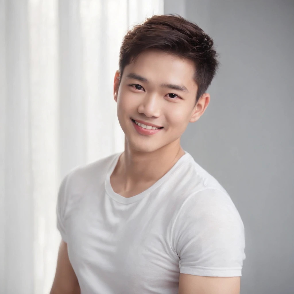 (Photo: 1.3) af (realistic: 1.3), East Asian man, soft light, clear face, front, ((white T-shirt)), cheerful, warm light, ((gray-white gradient background)), smile, (background)) ,avatar,(short hair),handsome,young,,short hair,((avatar))