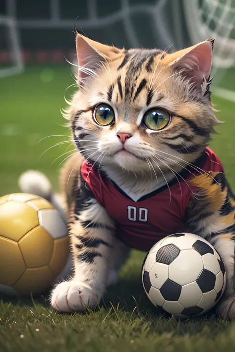 A cute cat with round eyes acts as a goalkeeper, Wear a football jersey, Play soccer on the grass field,