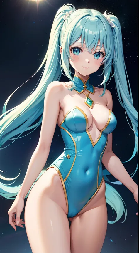 A beautiful girl who fascinates everyone　A charming smile　sky blue hair　length hair　Twin-tailed　Bright glowing yellow, green and white leotard outfit　Mystical　Fantasia　constellation　a moon　Crystal Brilliance　Aurora Borealis in the Night Sky