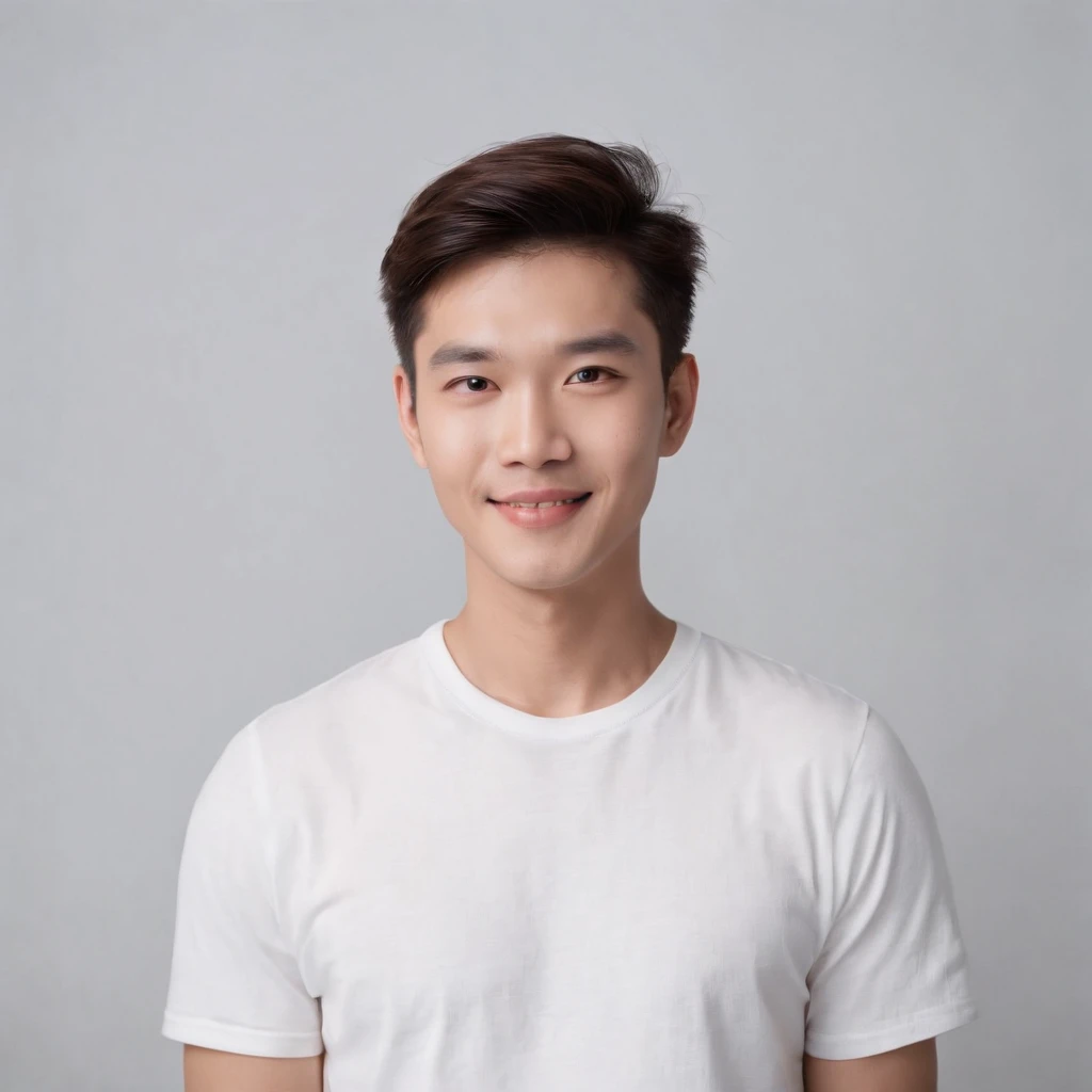 (Photo: 1.3) af (realistic: 1.3), East Asian man, soft light, clear face, front, ((white T-shirt)), cheerful, warm light, ((gray-white gradient background)), smile, (background)) ,avatar,(short hair),handsome,young,,short hair,((avatar))