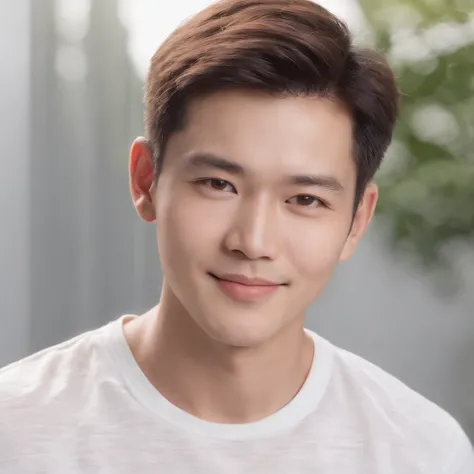 (Photo: 1.3) af (realistic: 1.3), East Asian man, soft light, clear face, front, ((white T-shirt)), cheerful, warm light, ((gray-white gradient background)), smile, (background)) ,avatar,(short hair),handsome,young,,short hair,((avatar))