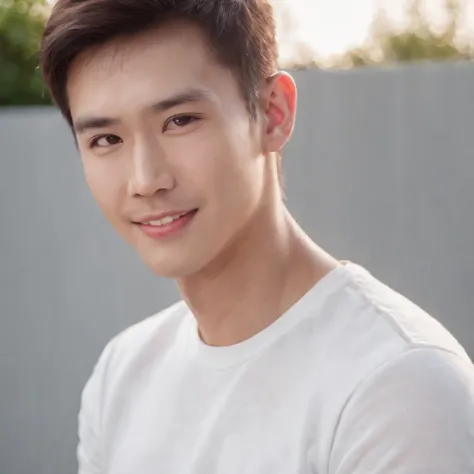 (Photo: 1.3) af (realistic: 1.3), East Asian man, soft light, clear face, front, ((white T-shirt)), cheerful, warm light, ((gray-white gradient background)), smile, (background)) ,avatar,(short hair),handsome,young,,short hair,((avatar))