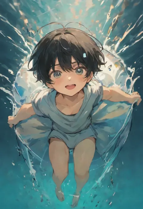 A black-haired boy with heavy objects tied all over his body，Smiling and being sunk to the bottom of the sea，The clothes are hospital gowns，sharp look，Black eyes