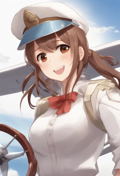 1girl, ryuujou (kancolle), solo, brown hair, twintails, brown eyes, visor cap, magatama, open mouth, aircraft, smile, airplane, white background, japanese clothes, simple background, kariginu, upper body, long hair