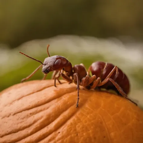 an ant on the top of Halloween pumpkin，（tmasterpiece，best qualityer：1.2），the rule of thirds、200 mm 1.4F macro shooting，very delicate beautiful，the best lights，The best shadow，Render the background, stylized 3d render，Beautiful scenery, Autumn, Red maples f...