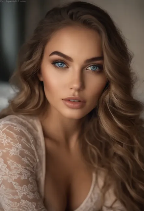 Arafed woman completely , Sexy girl with very blue eyes, ultra realist, Meticulously detailed, Portrait Sophie Mudd, curly brown hair with blonde highlights and big eyes, selfie of a young woman, Dubai Eyes, Violet Myers, sans maquillage, maquillage nature...