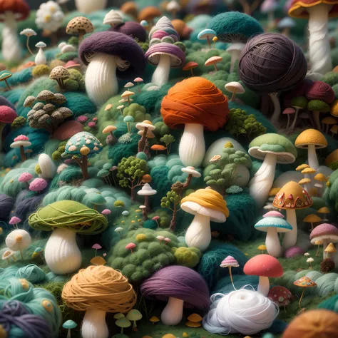 Wool felt animation,Dreamy Wonderland,an enchanted forest,Fluffy clouds,Superb needlework details,Imaginative landscape,Soft touch,Knitted fabric transformation,Subtle lighting effects，Enhance depth and atmosphere,A richly saturated color palette,Artfully ...