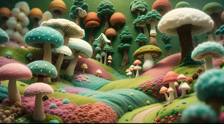 Wool felt animation,Dreamy Wonderland,an enchanted forest,Fluffy clouds,Superb needlework details,Imaginative landscape,Soft touch,Knitted fabric transformation,Subtle lighting effects，Enhance depth and atmosphere,A richly saturated color palette,Artfully ...