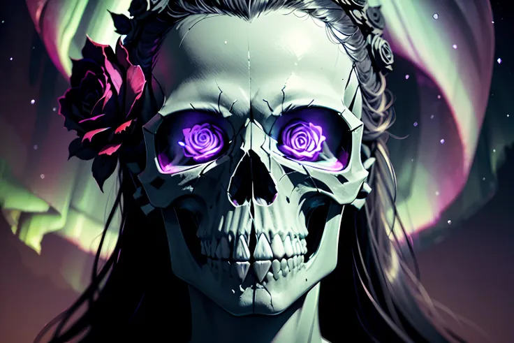 (skull head is mouth open large wide with dim glow aurora in the mouth:1.4), (roses and rose ivy are wrapped around each other:1.3), T-shirt design illustration, dim glow background, amazing background detail, all captured in sharp focus, rendered in stunn...