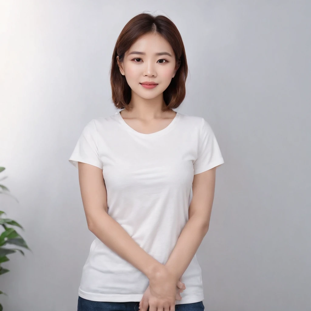 (Photo: 1.3) af (realistic: 1.3), East Asian woman, soft light, clear face, (front), ((white T-shirt)), cheerful, warm light, ((gray-white gradient background)), (background)) ,avatar,(short hair),beautiful,young,,short hair,((avatar))