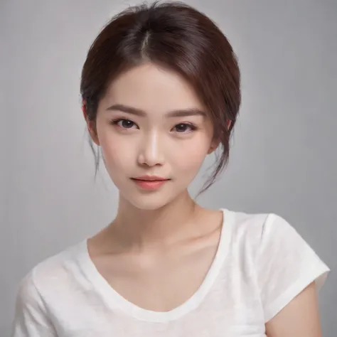 (Photo: 1.3) af (realistic: 1.3), East Asian woman, soft light, clear face, (front), ((white T-shirt)), cheerful, warm light, ((gray-white gradient background)), (background)) ,avatar,(short hair),beautiful,young,,short hair,((avatar))