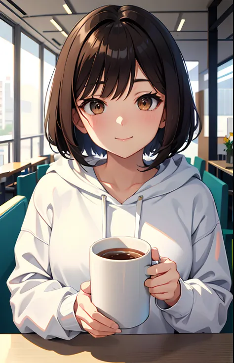 White hoodie, Anime Girl, Anime girl with brown eyes, One Conclusion, detailed anime soft face, cute anime face, Huge bright eyes, soft anime illustration, anime moe art style, Flat anime style shading, In an anime style, Stylized anime, a smile, 发光, dark ...