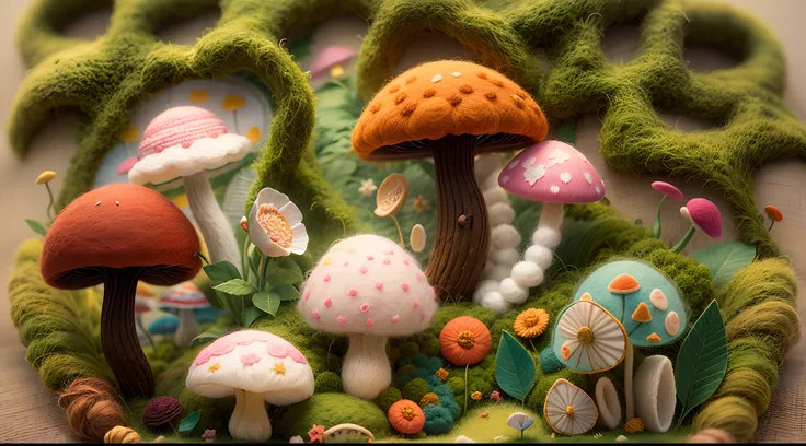 Wool felt animation,Dreamy Wonderland,an enchanted forest,Superb needlework details,Imaginative landscape,Soft touch,Knitted fabric transformation,Subtle lighting effects,A richly saturated color palette,Artfully hand-dyed wool fibers,Rose garden,Lush gree...