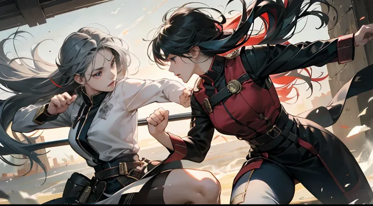 Two women beating each other、Cracked ground、turbulence、Anger expression、Crossed fists、Fighting、Battle Pose、Artistic action game depiction、Beautiful battle scenes、Delicate battle art、High-quality action movie depictions、Battle Cartoon、animesque、Delicately e...