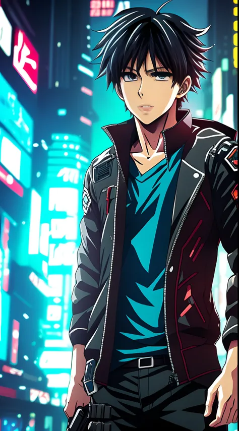 Realistic anime alone boy cyberpunk