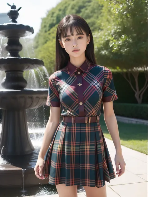 kne，年轻，(skirt rift，Curtsey)，(child:1.2)，(Short Sleeve Tartan Plaid Dress:1.2)，teens girl，Delicate body，petite body，tiny chest，cabelos preto e longos，The fountain