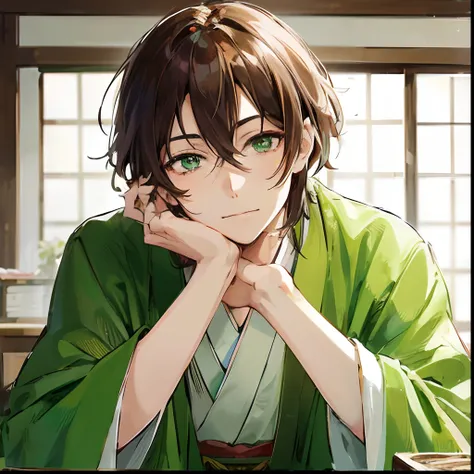 Japanese anime, smil、Beautiful young man, Brown hair, Green kimono,Green eyes, On the desk, bones on the cheekbones and looking at me lovingly, Expression of seeing what is important, Japanese style room on background,High quality, amount of drawing, pixiv...