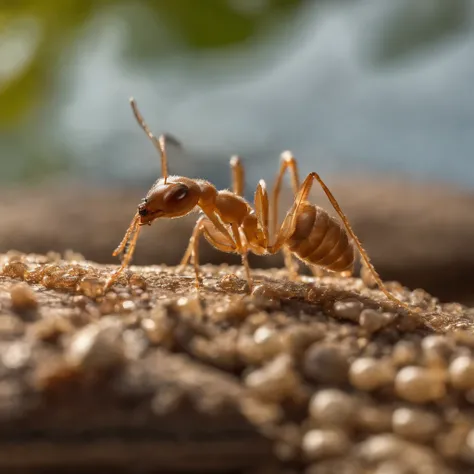 a golden transparent ant on a pile of gem, （masterpiece，best quality：1.2），200 mm 1.4F macro shooting，very delicate beautiful，the best lights，The best shadow，Render the background, stylized 3d render，Beautiful scenery, Autumn, Long lens tracking photography