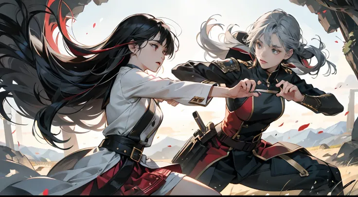 Two Women、sharp eye、glares、Fighting、Battle Pose、Artistic action game depiction、Beautiful battle scenes、Delicate battle art、High-quality action movie depictions、Battle Cartoon、animesque、Delicately expresses smooth skin texture down to the smallest detail、Th...