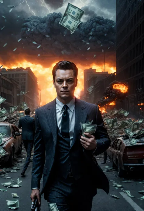 ((best quality)), ((masterpiece)), ((ultra realistic)), (dark), award winning glamor photograph, a prim dapper business man smugly holding a wad of cash as the world burns behind him, full body shot, crumbling buildings, fire and brimstone, (cash falling f...