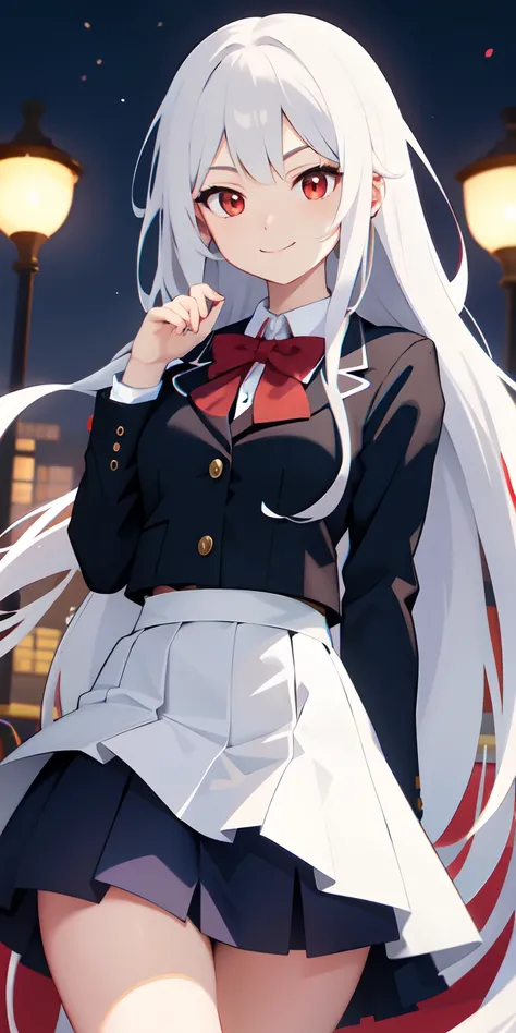 An anime girl, Long white hair, Red eyes, Curved hairstyle, school uniform, Evening, high-school, Neutral smile, Indifferent facial expressions