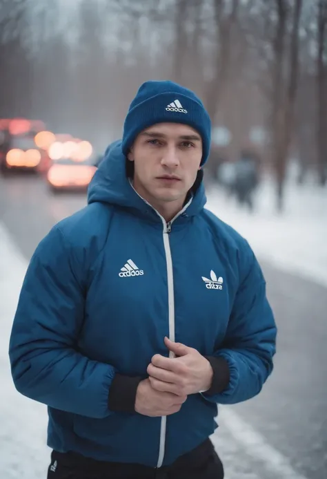 Noir Neon Tones of Photography, a photo of a Russian mafia boss in the 1990s in Moscow in the style of Moscow in the 90s, Young man with serious, A Dangerous Person, standing outside in the snow, Dressed in a blue tracksuit "adidas"