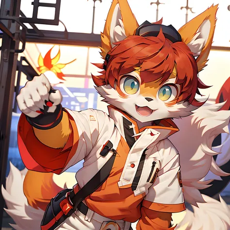 eyes with brightness,Furry，Furry，Bust photo of the character,Q version，头像框， Character focus，独奏, shaggy, Furry fox, White fur for women, Squinted eyes，clawed paws，Claws,Red hair，Loli style，Little cute， Sell moe，White T blood，black long pants，城市