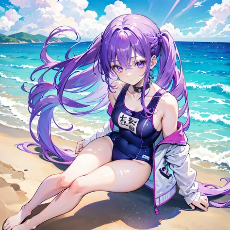 Purple colored hair，long whitr hair，Purple eyes，Twist braids，adolable，teens girl，swimming uniform，full-body photo on the front，All body，Fingers and arms are not exposed，Background sandy beach，with blue sky and white clouds